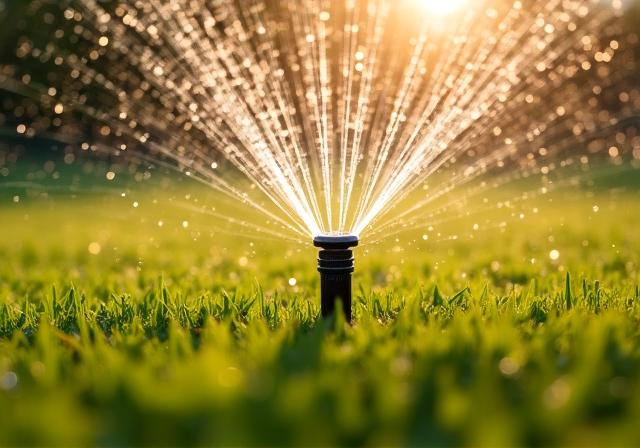 Sistema di irrigazione automatizzato in un prato verde