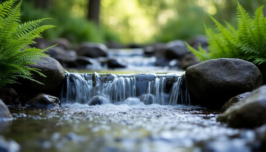 Piccolo ruscello artificiale con acqua che scorre tra rocce scure
