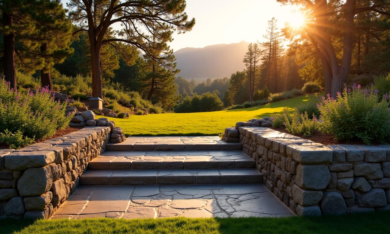 Giardino di montagna con scalinata in pietra e muri a secco