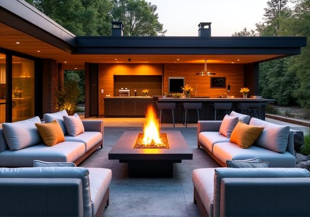 Area relax esterna con cucina e focolare moderno